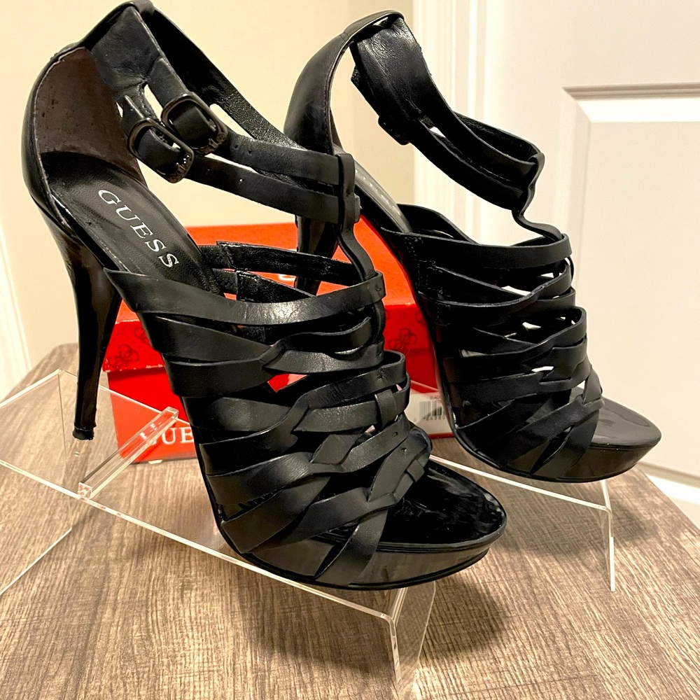 Guess straps black stiletto sandals, size 7.5